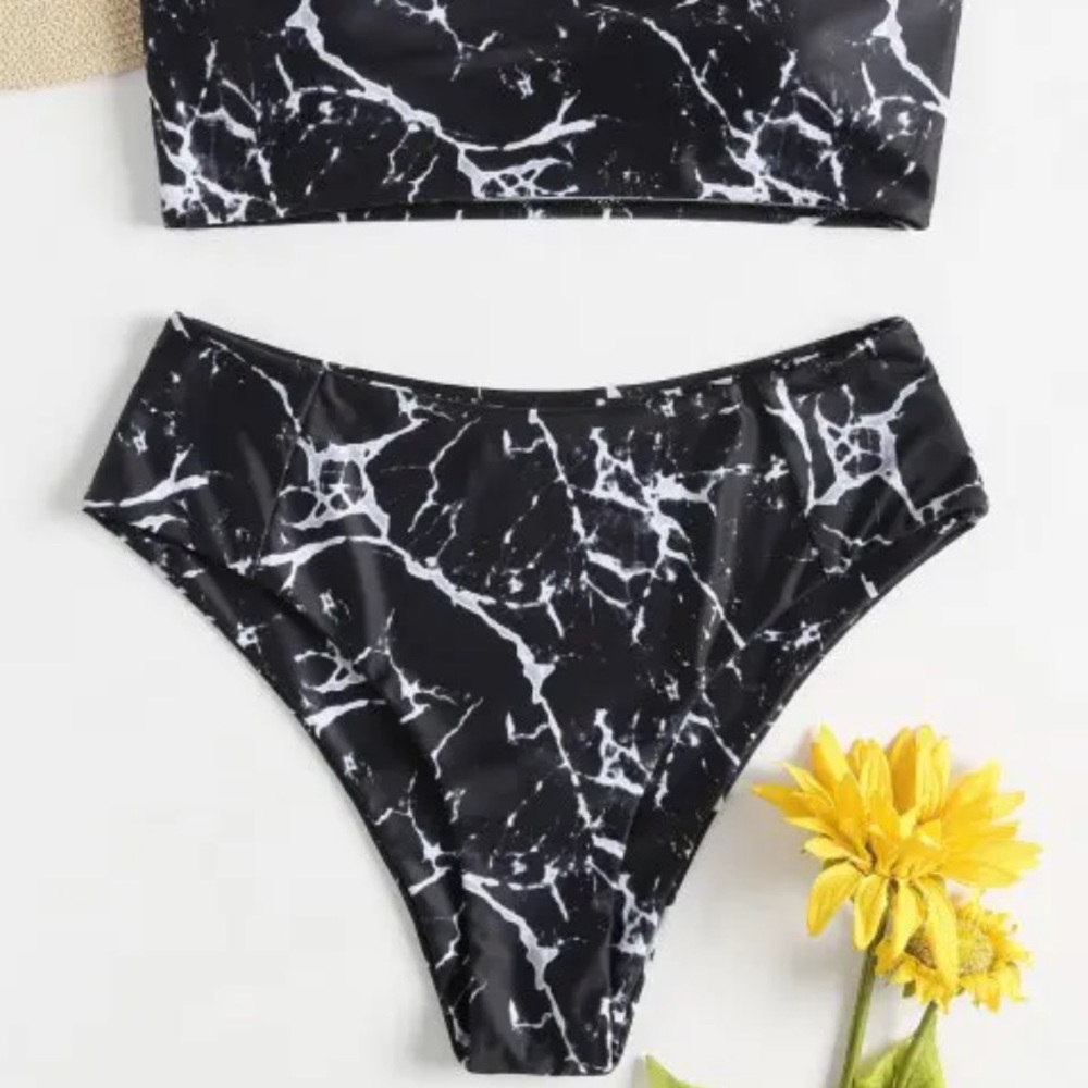 I2CRAZY Black White Marble Bikini Women High Waisted Swimsuit Two Piece NWT - Picture 6 of 6